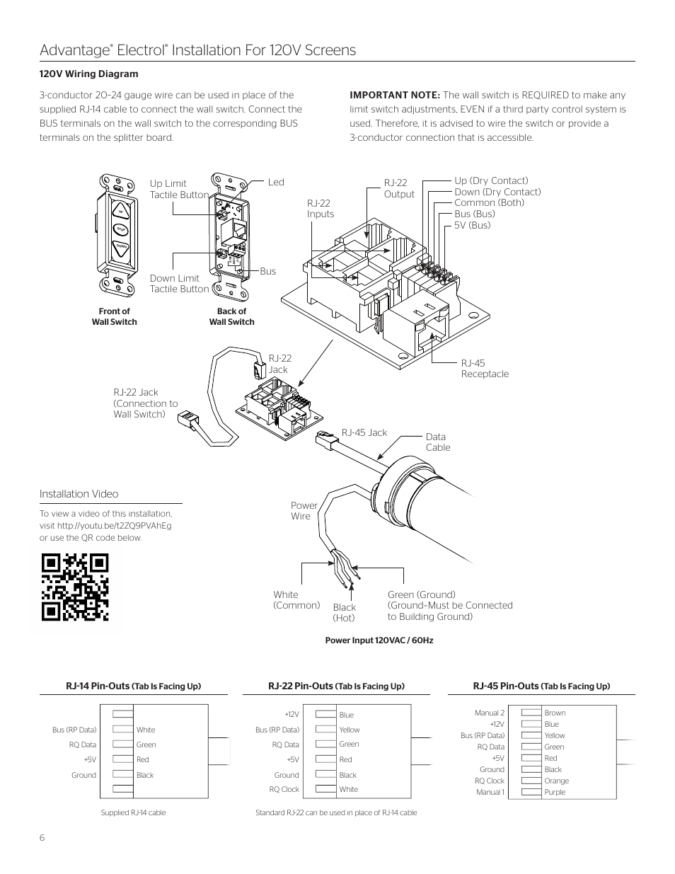 Advantage, Electrol, Installation for 120v screens | Installation video, Rj-22 pin-outs, Rj-45 pin-outs | Da-Lite Advantage Electrol User Manual | Page 6 / 12