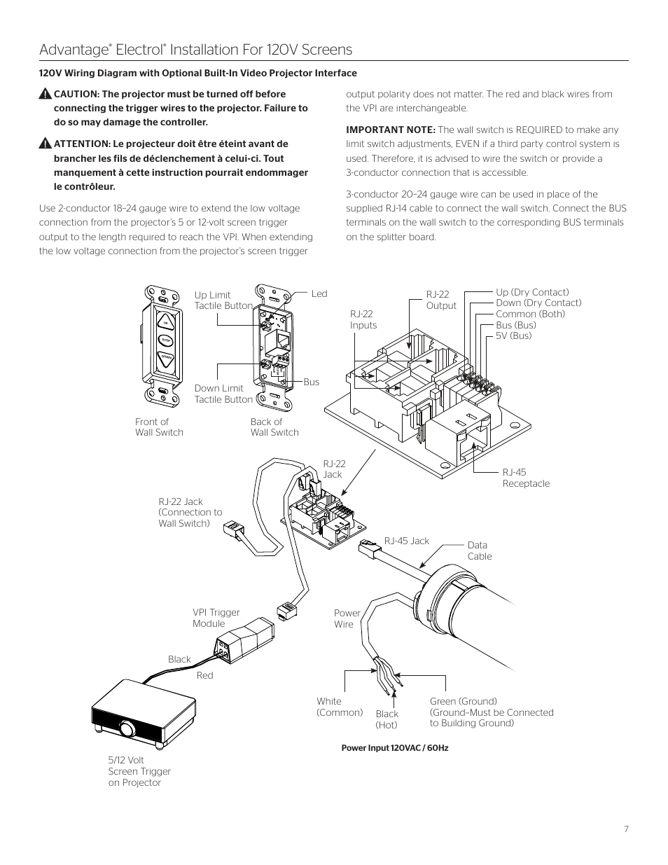 Advantage, Electrol, Installation for 120v screens | Front of wall switch bus | Da-Lite Advantage Electrol User Manual | Page 7 / 12