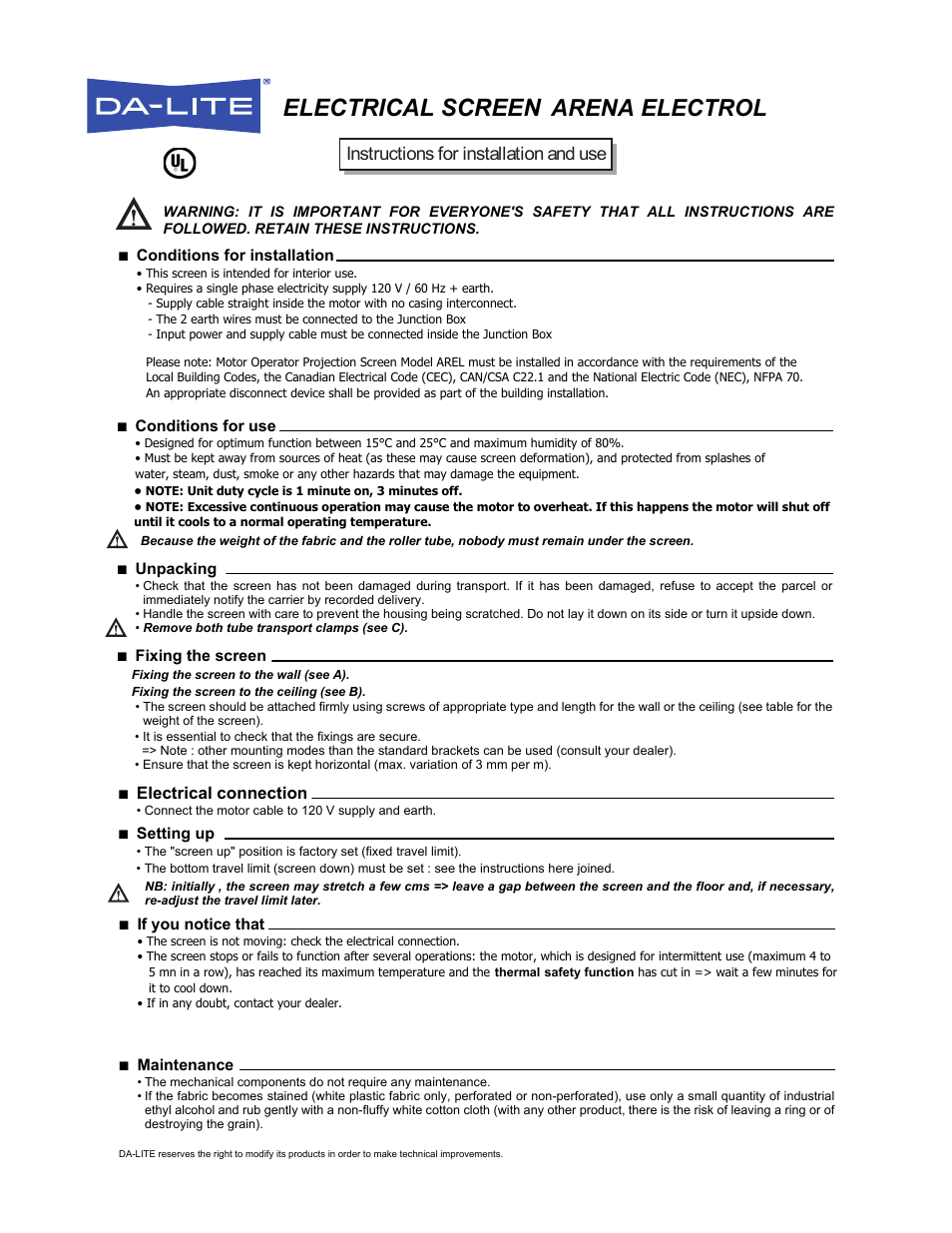 Da-Lite Arena Electrol User Manual | 3 pages