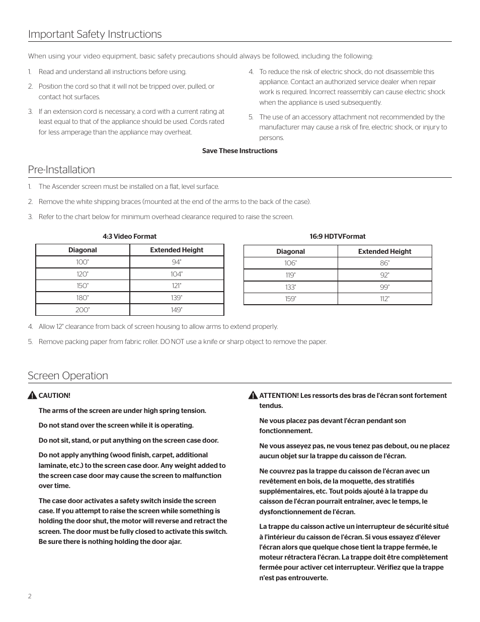 Pre-installation important safety instructions, Screen operation | Da-Lite Ascender Electrol User Manual | Page 2 / 8