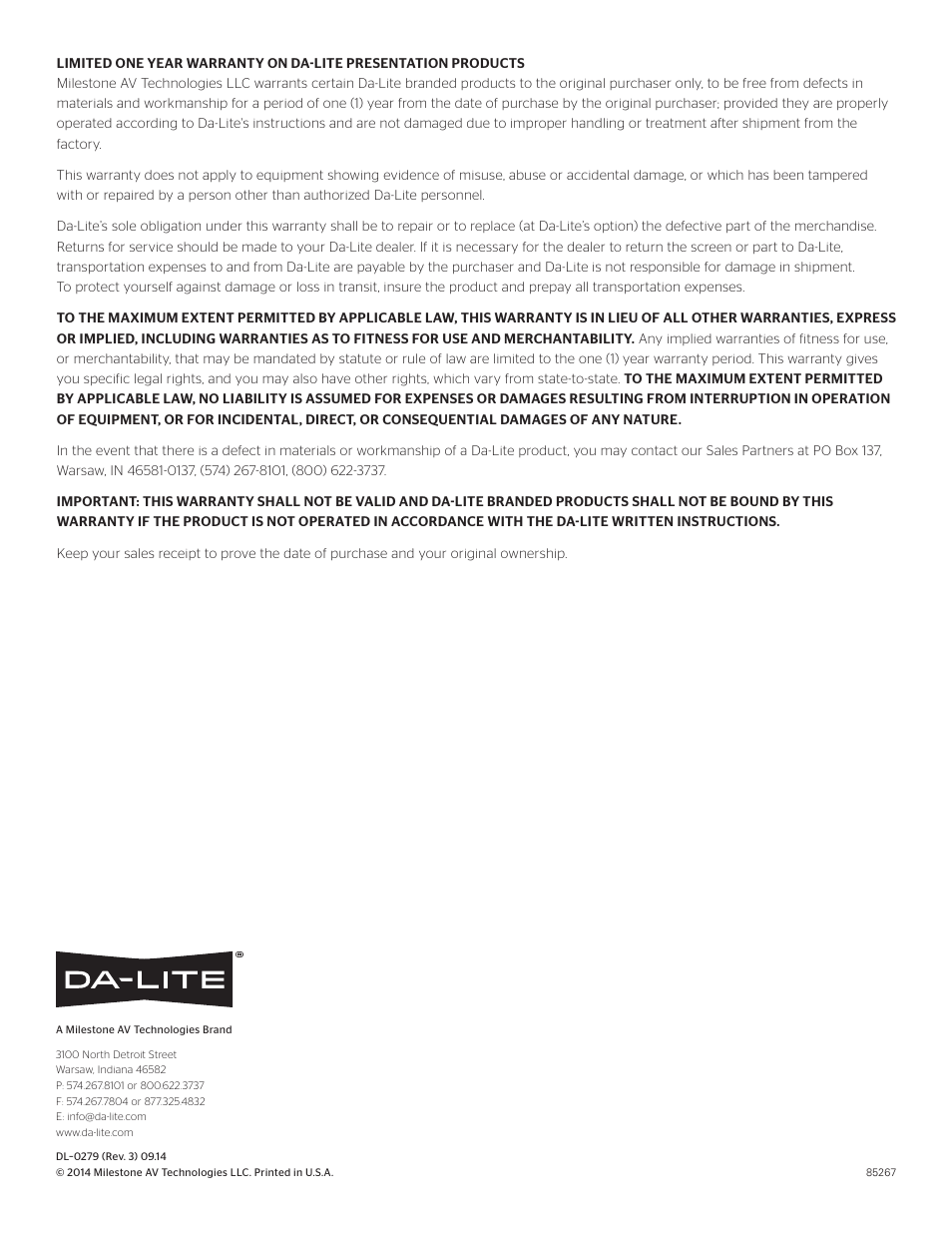 Da-Lite Ascender Electrol User Manual | Page 8 / 8