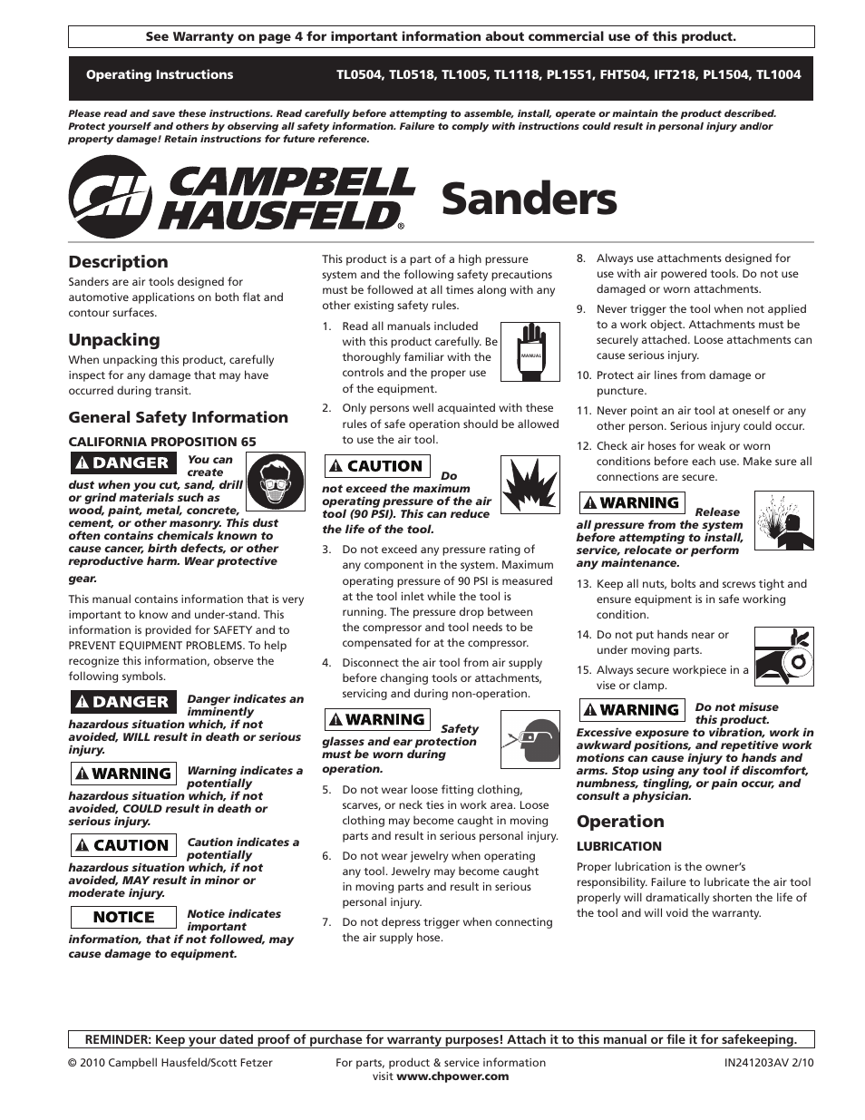 Campbell Hausfeld IN241203AV User Manual | 12 pages