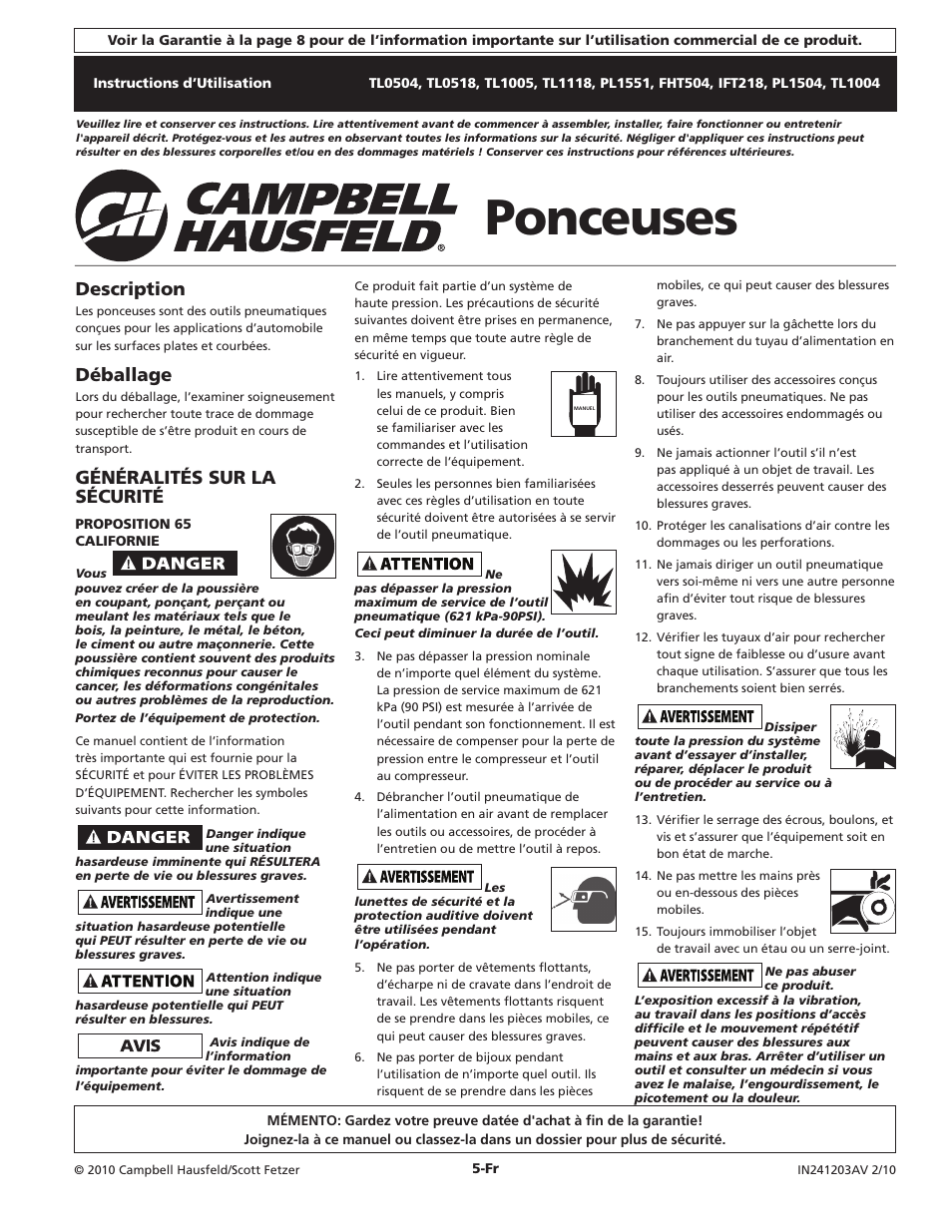 Ponceuses, Description, Déballage | Généralités sur la sécurité | Campbell Hausfeld IN241203AV User Manual | Page 5 / 12