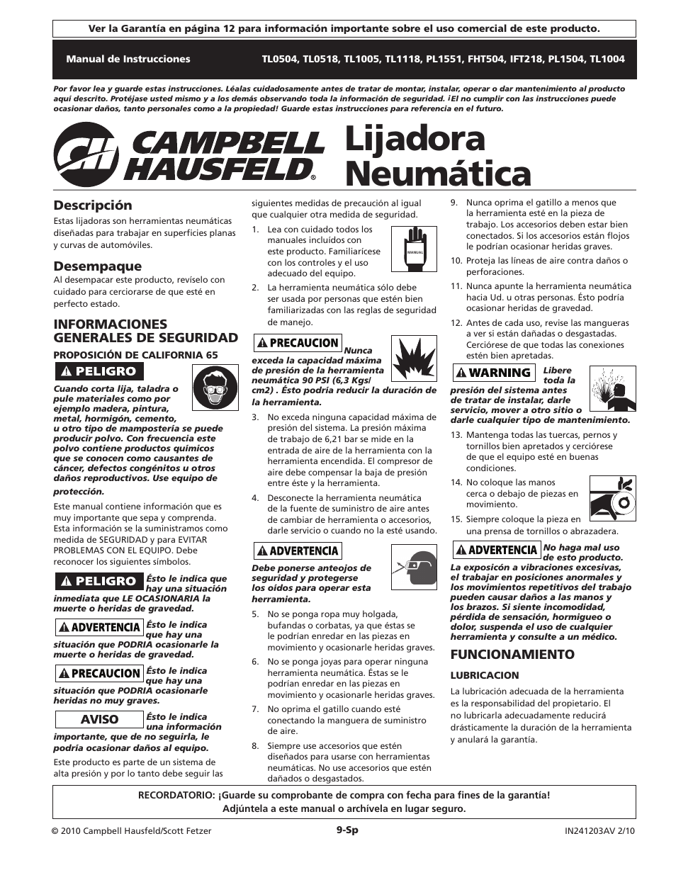 Lijadora neumática, Descripción, Desempaque | Informaciones generales de seguridad, Funcionamiento | Campbell Hausfeld IN241203AV User Manual | Page 9 / 12