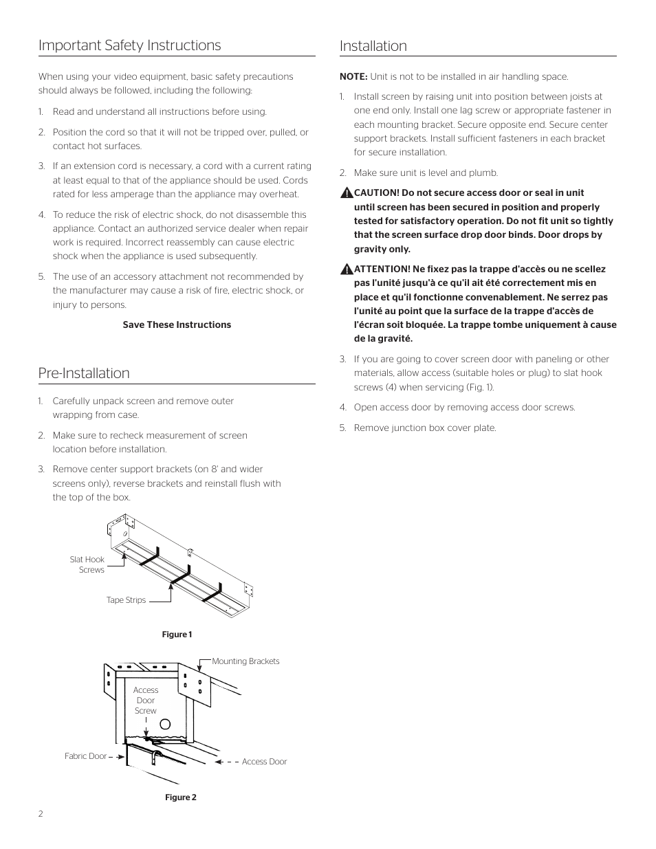 Important safety instructions, Pre-installation installation | Da-Lite Boardroom Electrol User Manual | Page 2 / 10