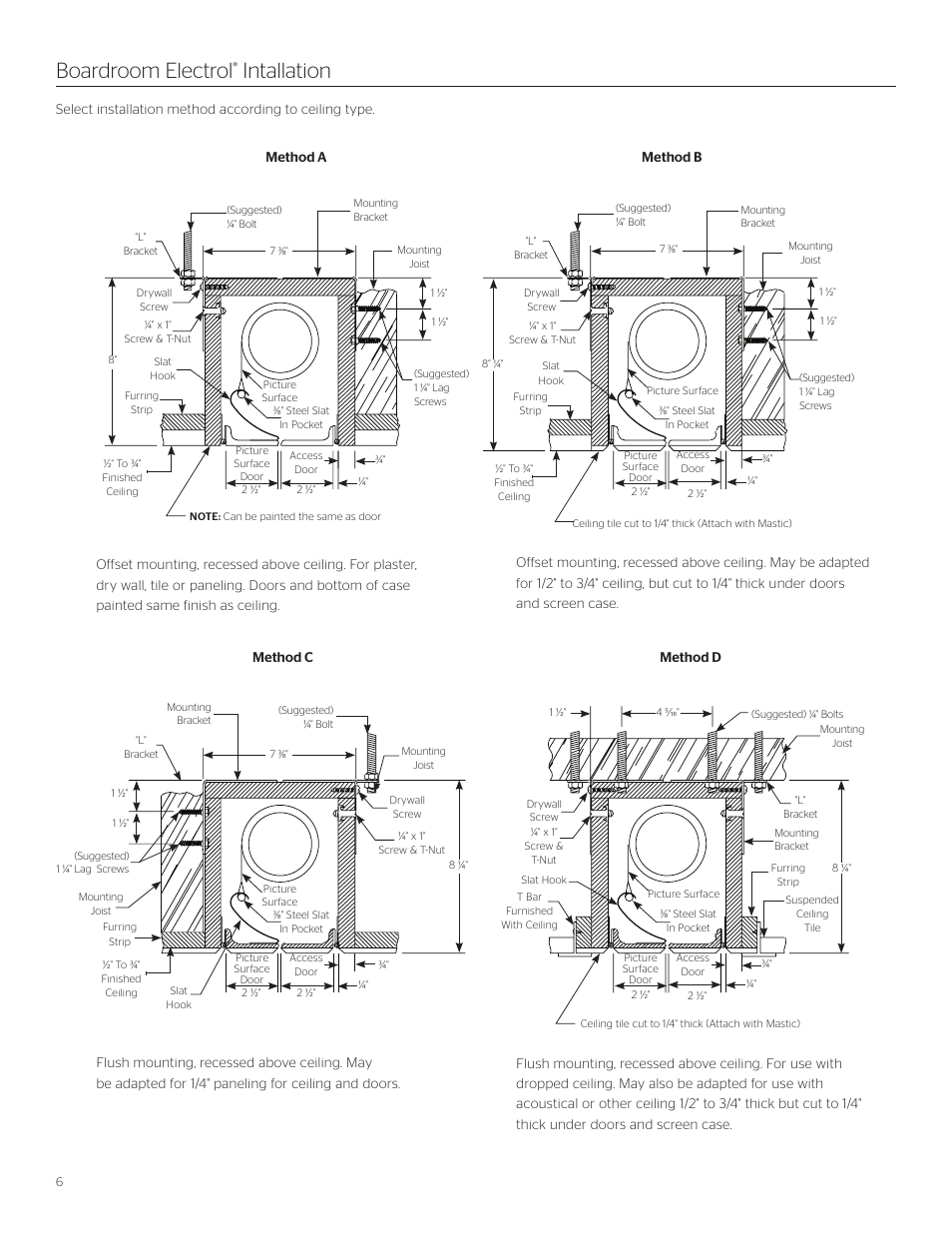 Boardroom electrol, Intallation, Method a | Method b, Method c, Method d | Da-Lite Boardroom Electrol User Manual | Page 6 / 10