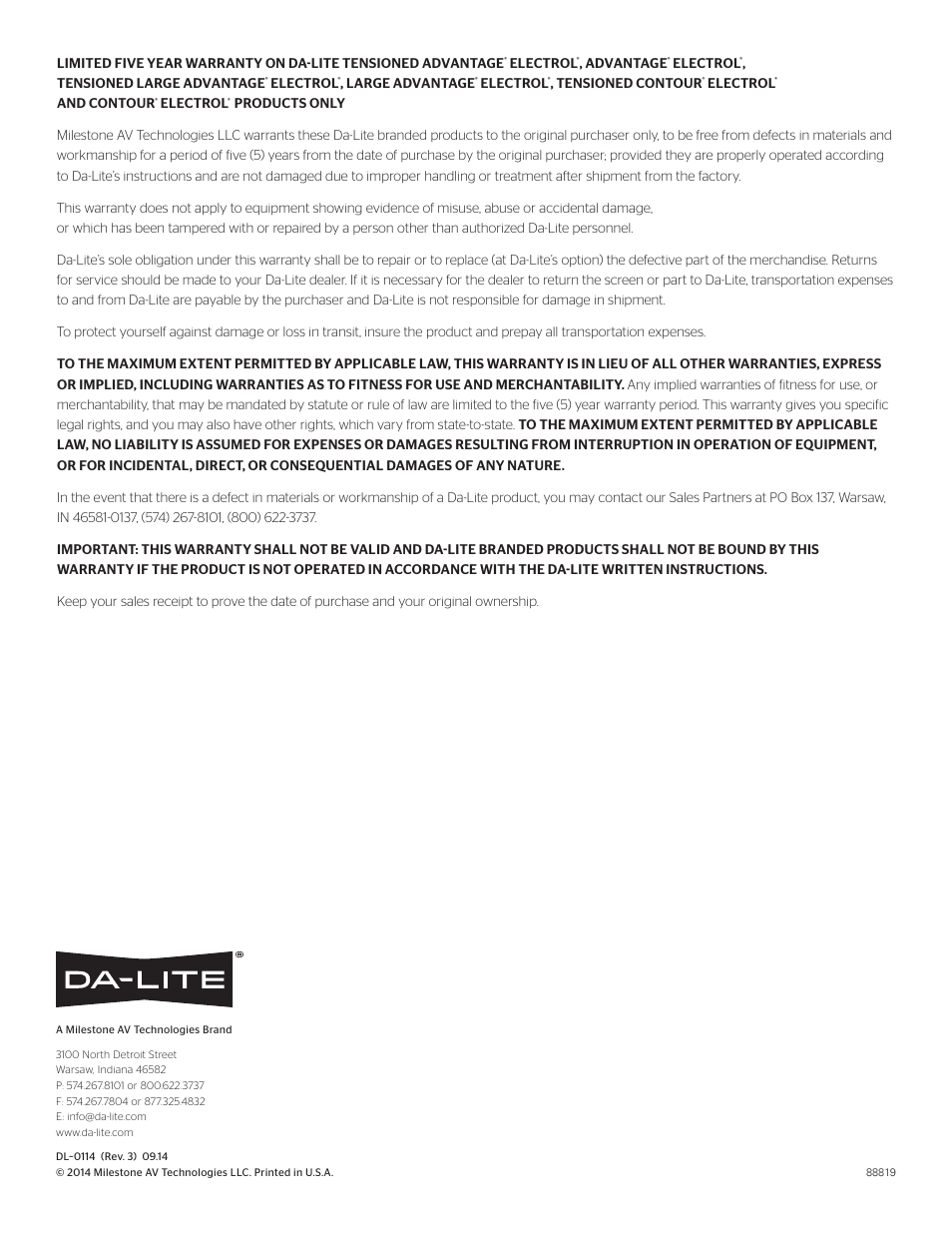 Da-Lite Contour Electrol User Manual | Page 12 / 12