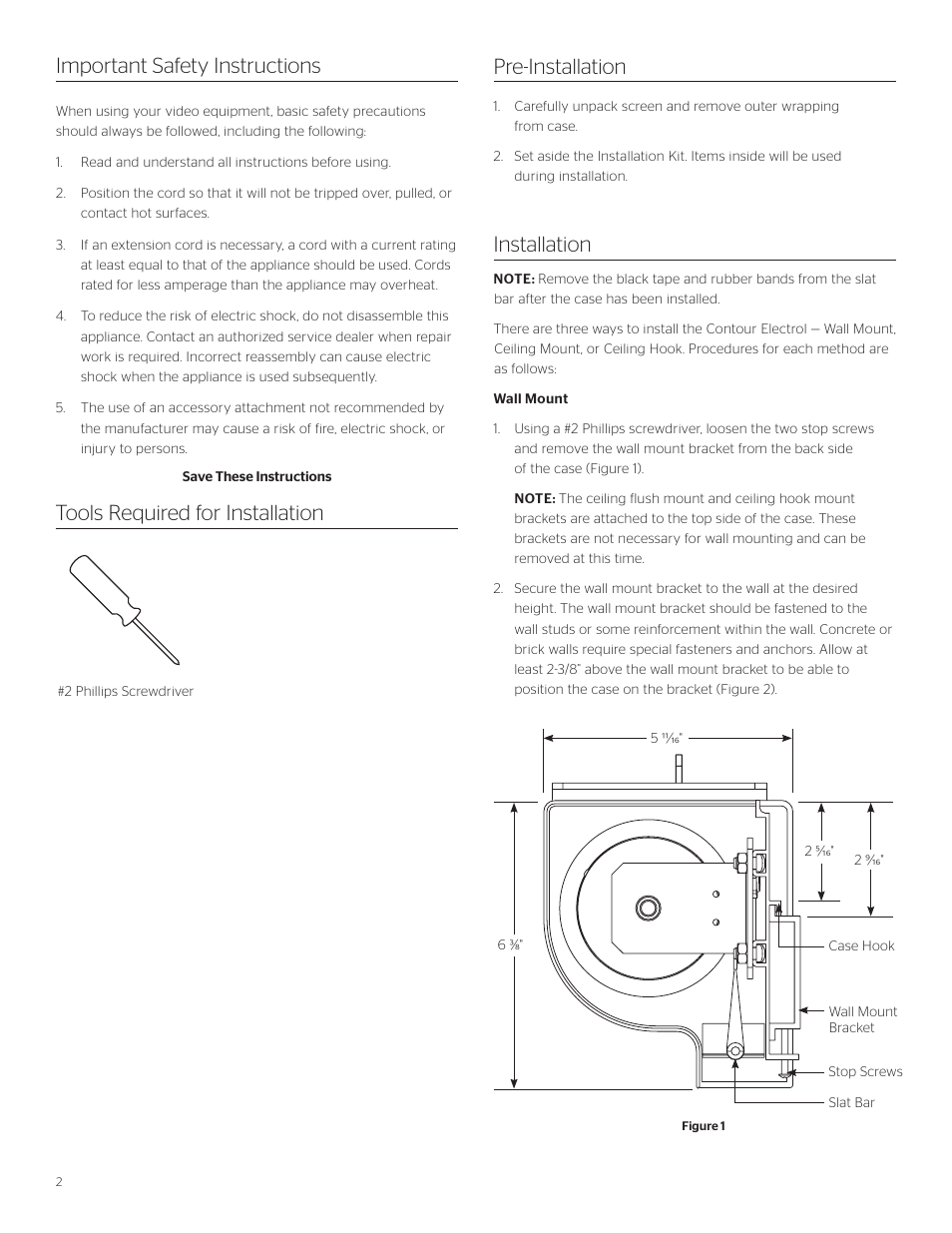 Tools required for installation, Installation important safety instructions, Pre-installation | Da-Lite Contour Electrol User Manual | Page 2 / 12