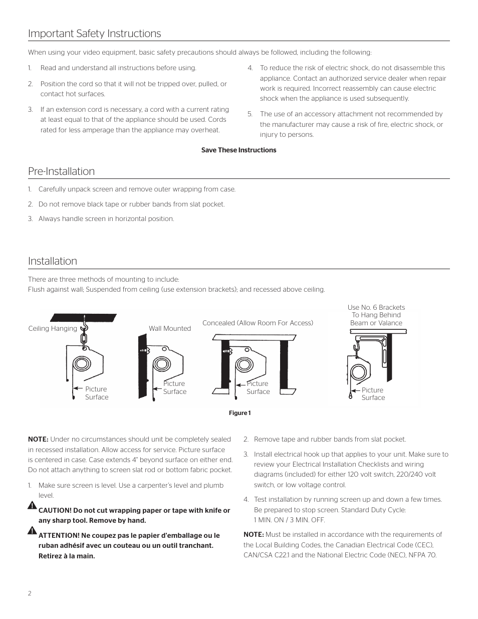 Important safety instructions, Pre-installation installation | Da-Lite Cosmopolitan Electrol User Manual | Page 2 / 8