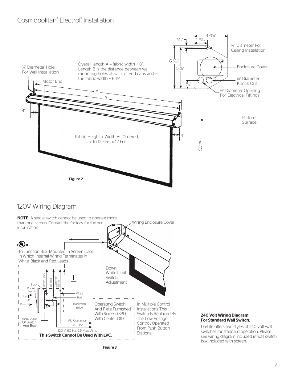 Cosmopolitan, Electrol, Installation 120v wiring diagram | Da-Lite Cosmopolitan Electrol User Manual | Page 3 / 8