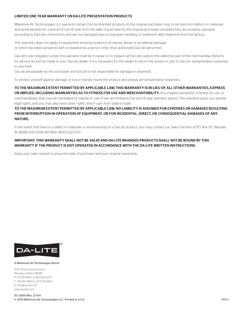 Da-Lite Cosmopolitan Electrol User Manual | Page 8 / 8