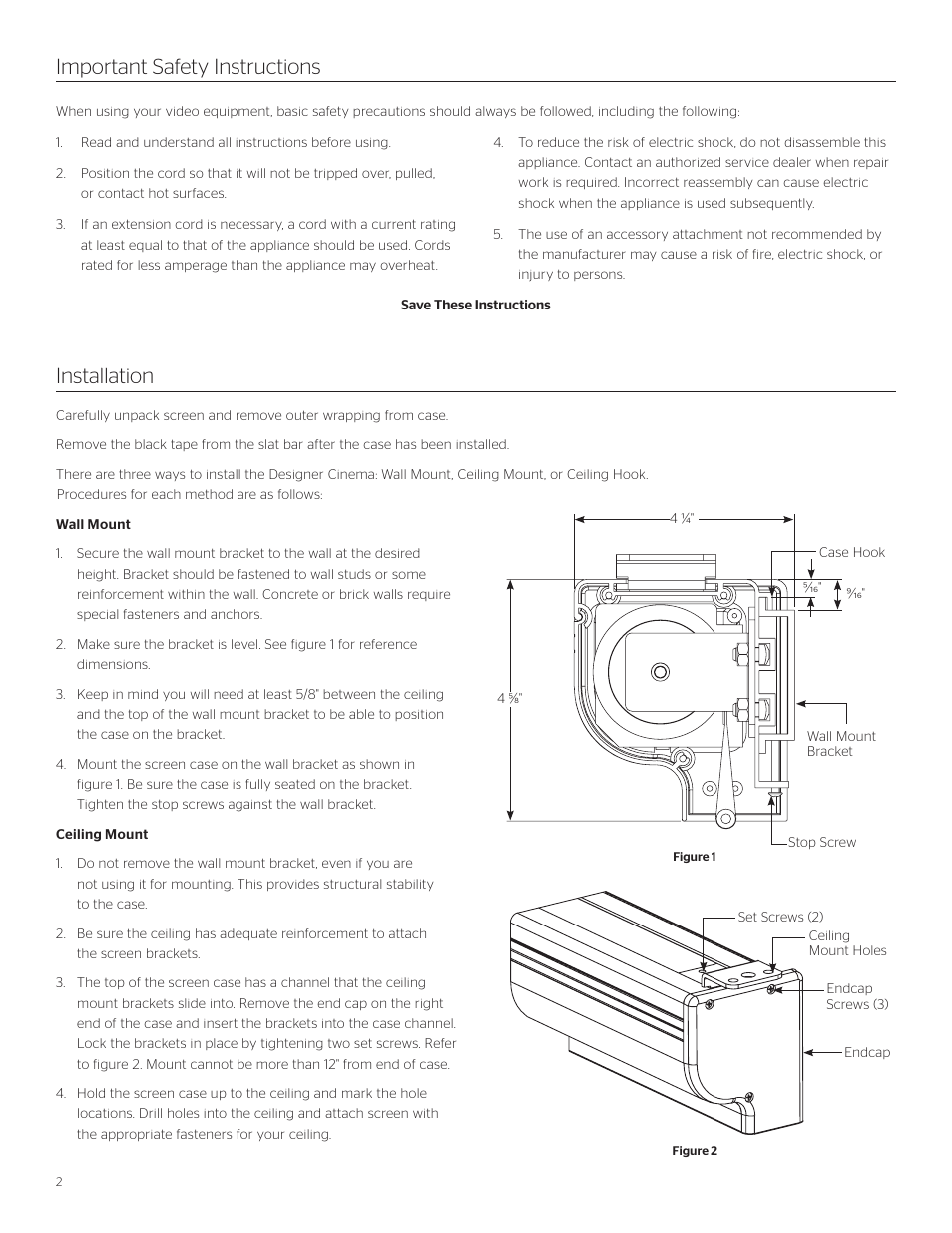 Important safety instructions, Installation | Da-Lite Designer Cinema Electrol User Manual | Page 2 / 6