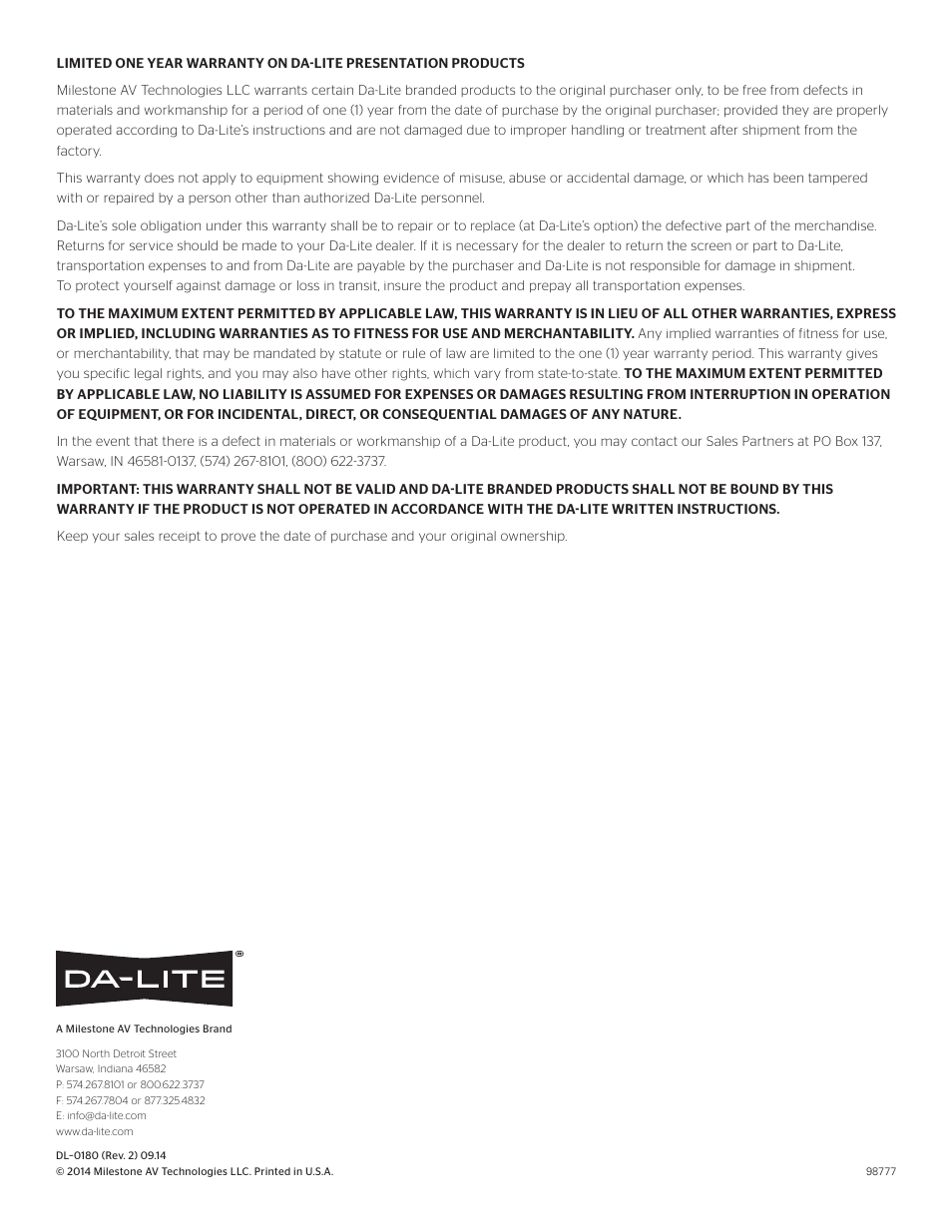 Da-Lite Designer Cinema Electrol User Manual | Page 6 / 6