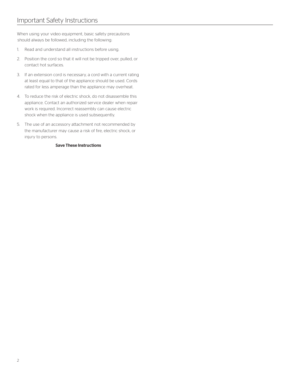 Important safety instructions | Da-Lite Designer Contour Electrol User Manual | Page 2 / 8