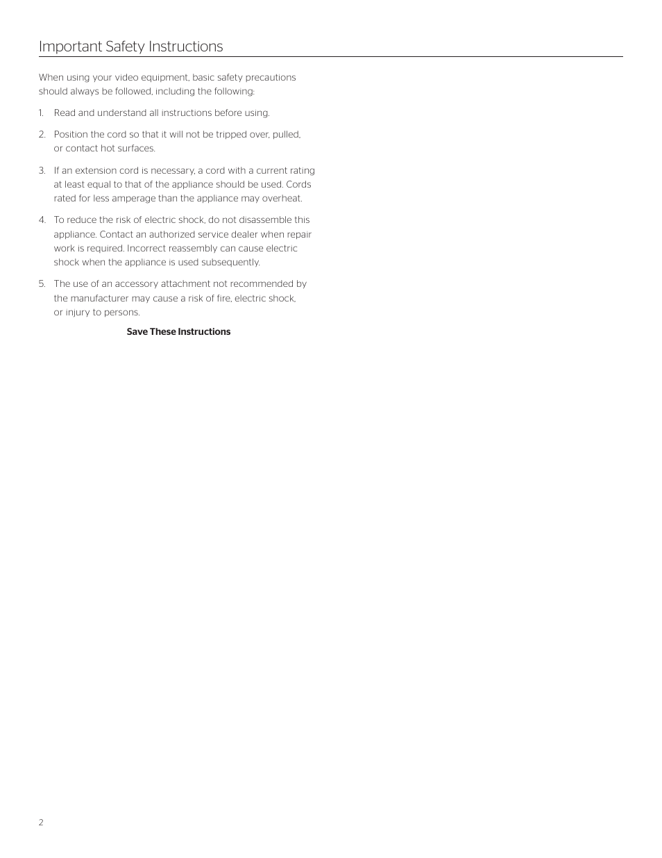 Important safety instructions | Da-Lite Designer Contour Electrol with Integrated Infrared Remote User Manual | Page 2 / 8
