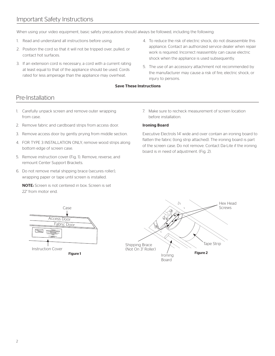 Pre-installation, Important safety instructions | Da-Lite Executive Electrol User Manual | Page 2 / 12