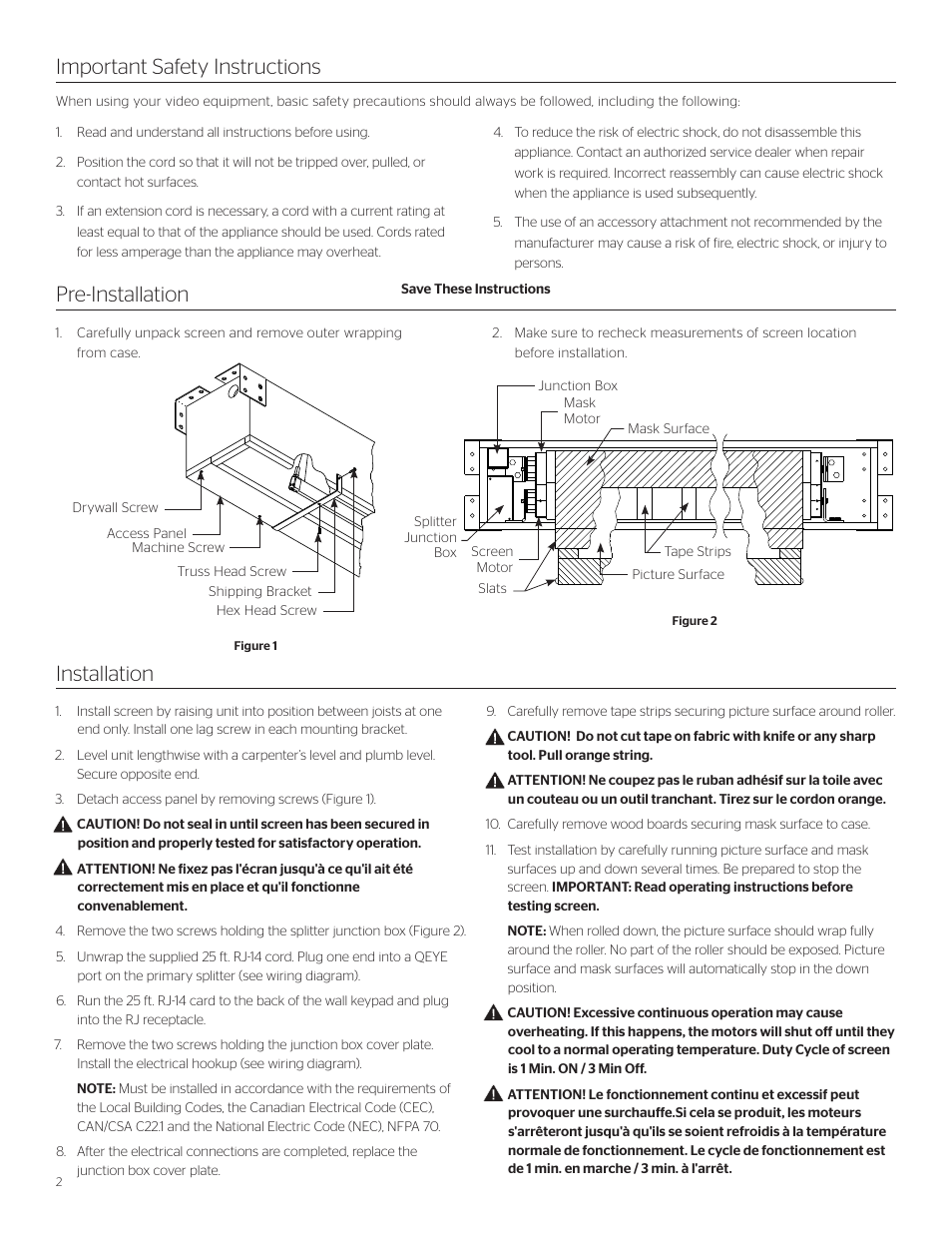 Pre-installation installation, Important safety instructions | Da-Lite Horizon Electrol User Manual | Page 2 / 8