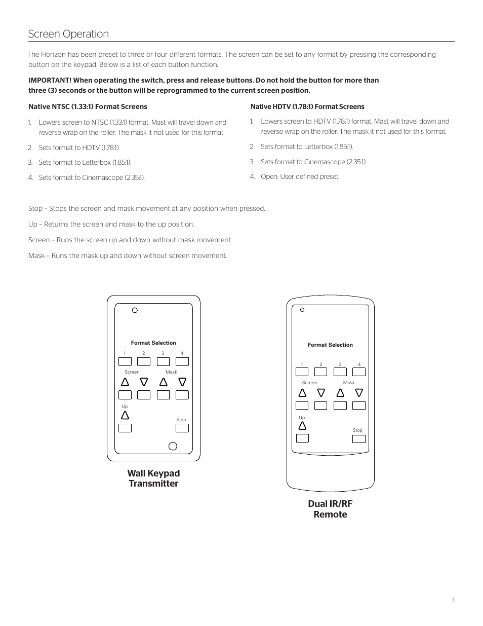 Screen operation, Wall keypad transmitter dual ir/rf remote | Da-Lite Horizon Electrol User Manual | Page 3 / 8