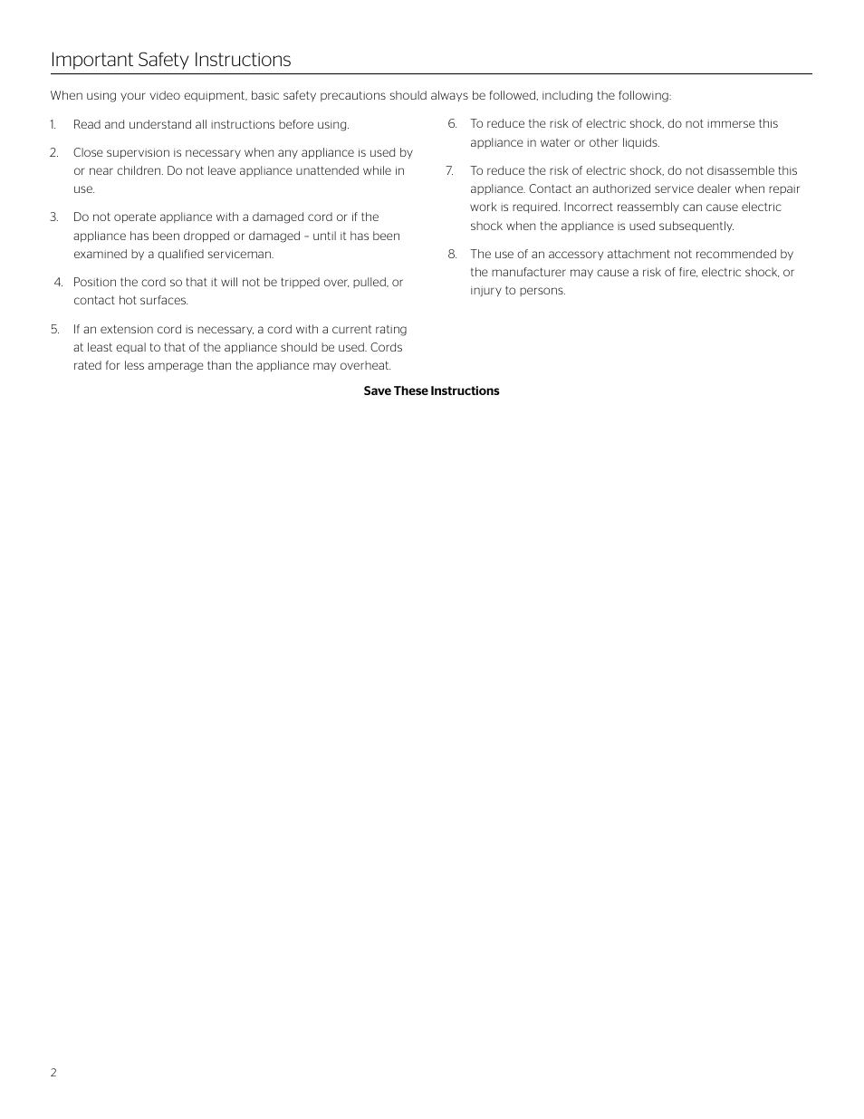 Important safety instructions | Da-Lite Large Advantage Deluxe Electrol User Manual | Page 2 / 12