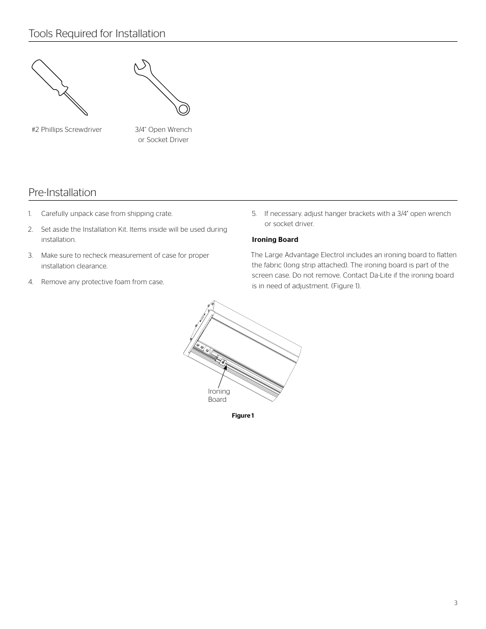 Tools required for installation pre-installation | Da-Lite Large Advantage Deluxe Electrol User Manual | Page 3 / 12