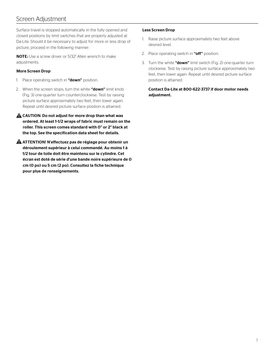 Screen adjustment | Da-Lite Large Advantage Deluxe Electrol User Manual | Page 7 / 12