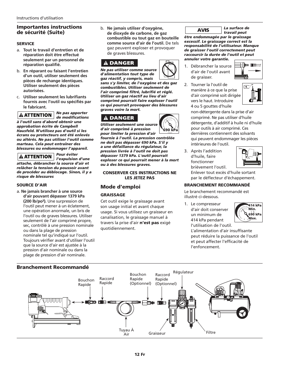 Mode d’emploi, Importantes instructions de sécurité (suite), Branchement recommandé | Campbell Hausfeld IN734500AV User Manual | Page 12 / 24