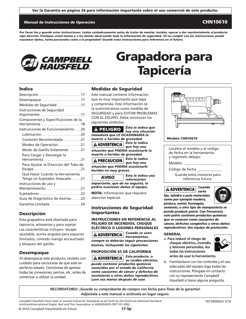 Grapadora para tapicería | Campbell Hausfeld IN734500AV User Manual | Page 17 / 24