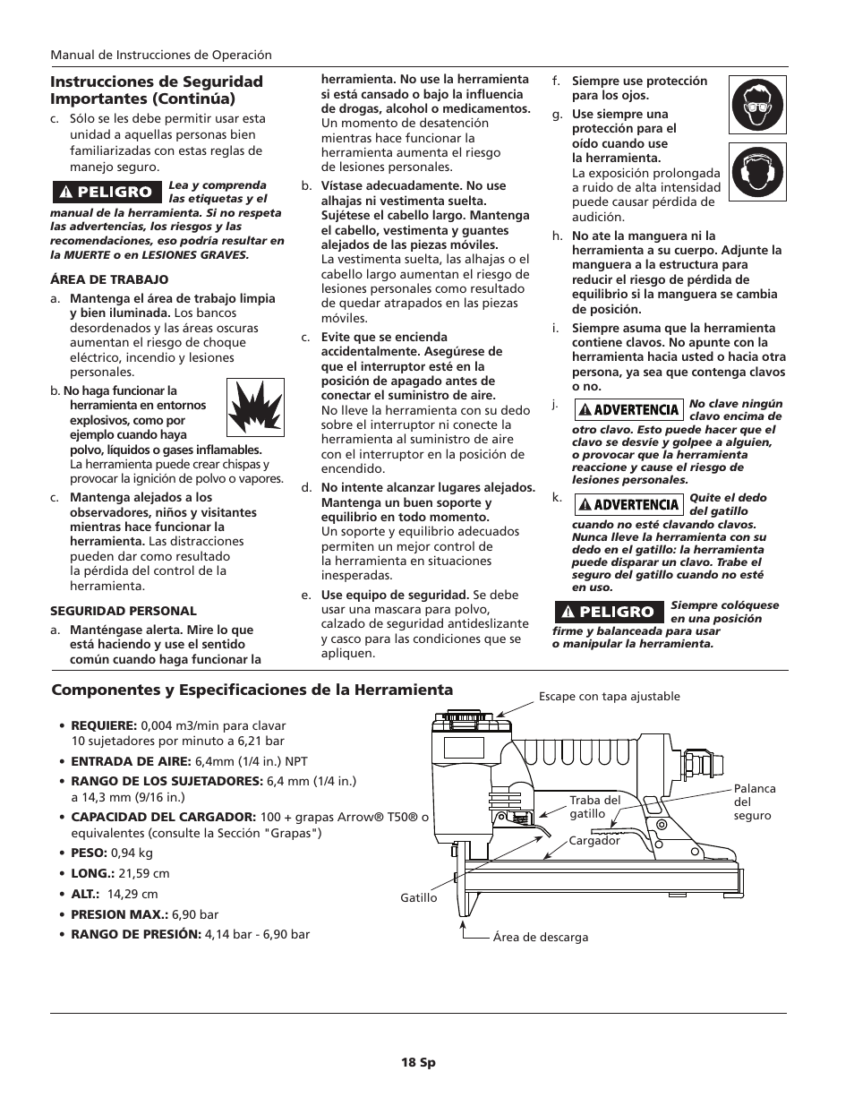 Componentes y especificaciones de la herramienta, Instrucciones de seguridad importantes (continúa) | Campbell Hausfeld IN734500AV User Manual | Page 18 / 24