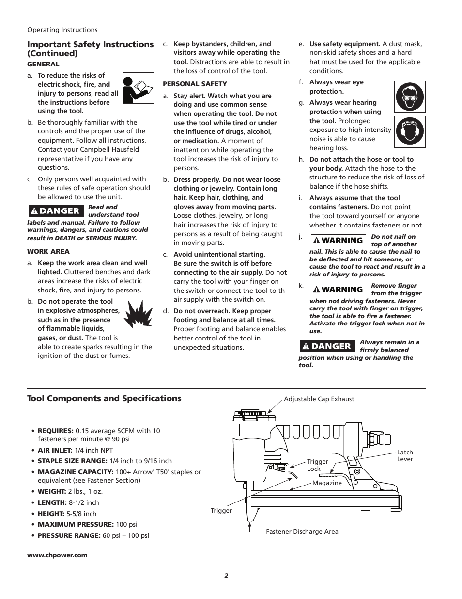 Important safety instructions (continued), Tool components and specifications | Campbell Hausfeld IN734500AV User Manual | Page 2 / 24