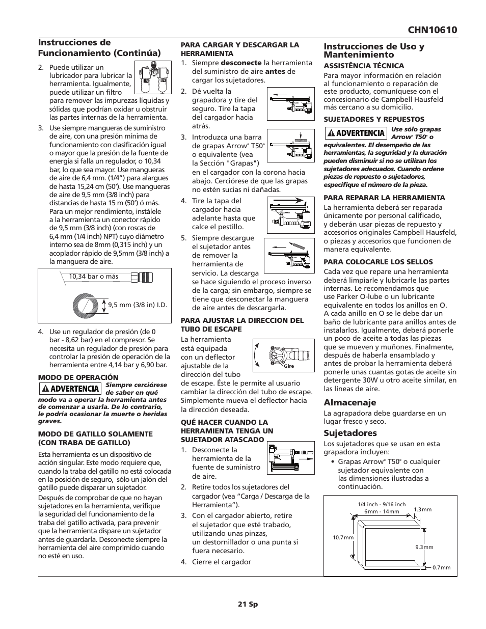 Instrucciones de uso y mantenimiento, Almacenaje, Sujetadores | Instrucciones de funcionamiento (continúa) | Campbell Hausfeld IN734500AV User Manual | Page 21 / 24