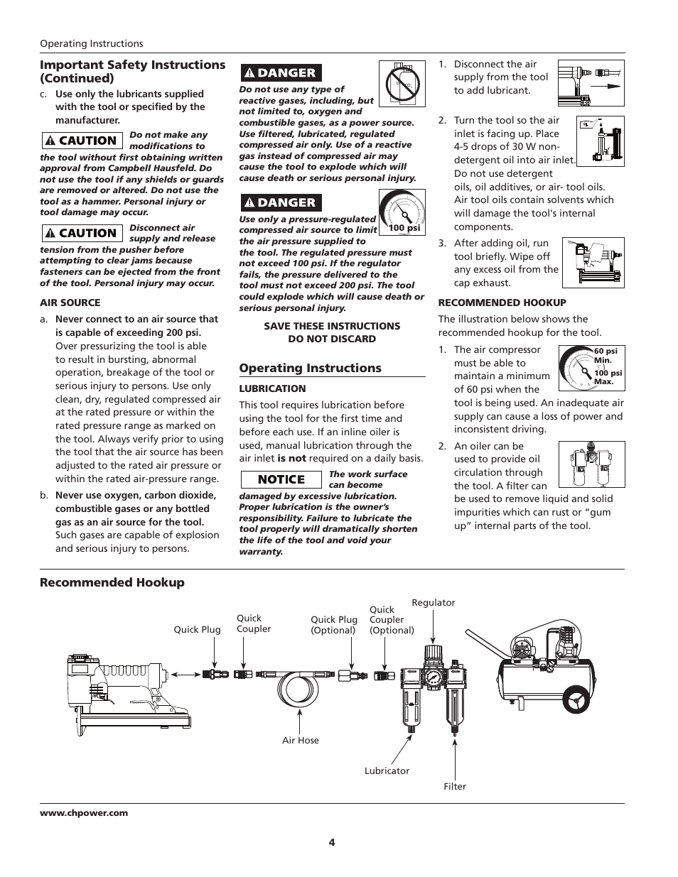 Important safety instructions (continued), Operating instructions, Recommended hookup | Campbell Hausfeld IN734500AV User Manual | Page 4 / 24