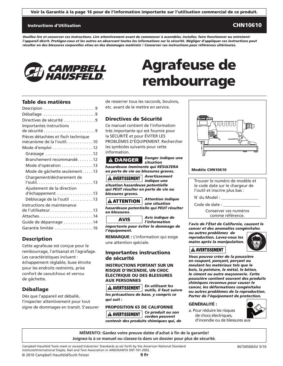 Agrafeuse de rembourrage | Campbell Hausfeld IN734500AV User Manual | Page 9 / 24