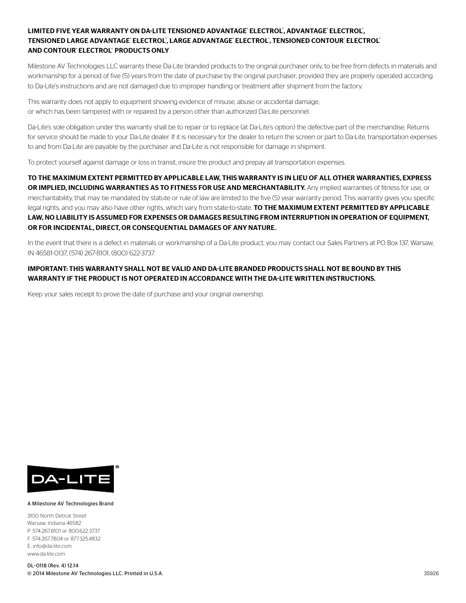 Da-Lite Large Advantage Electrol User Manual | Page 12 / 12