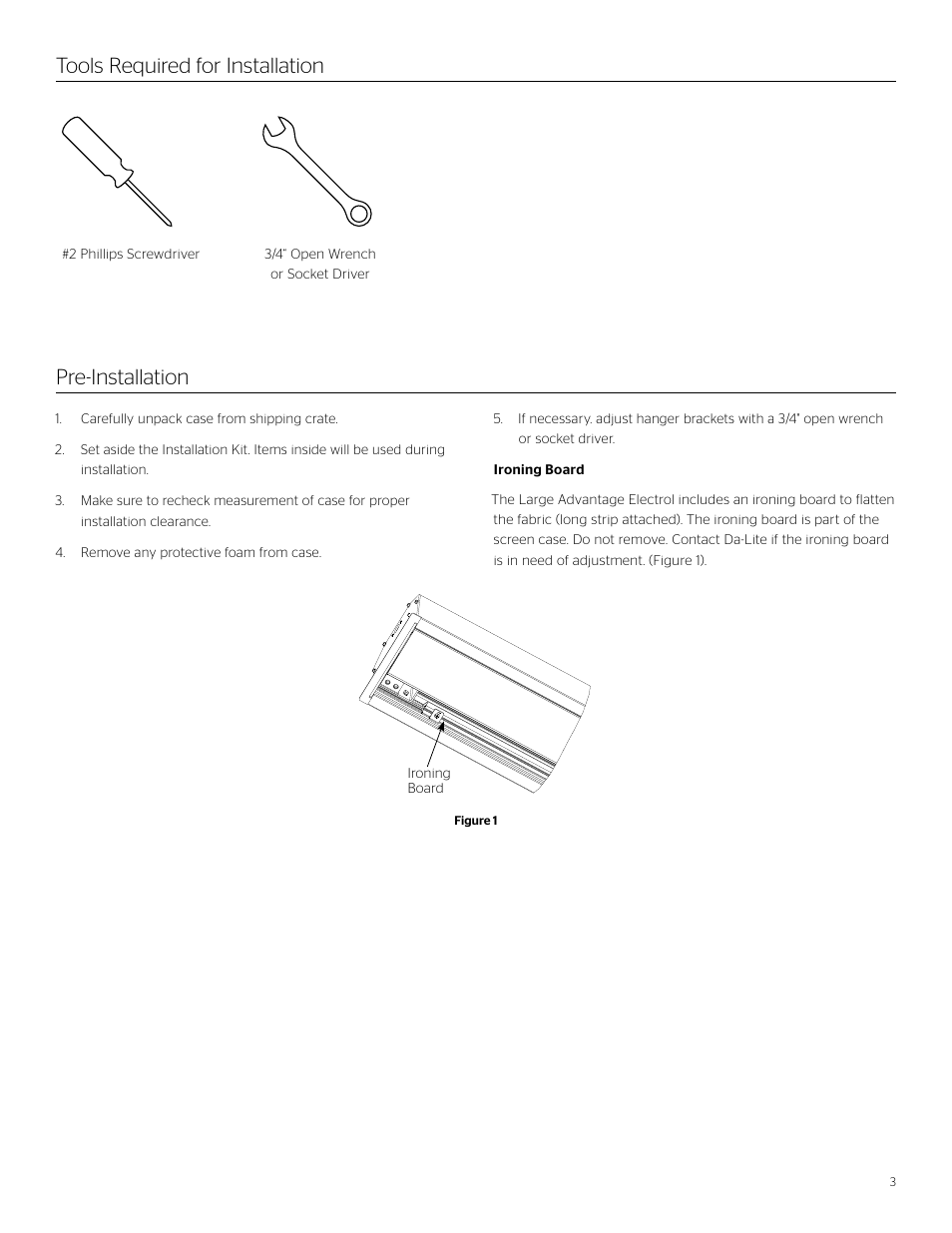 Tools required for installation pre-installation | Da-Lite Large Advantage Electrol User Manual | Page 3 / 12
