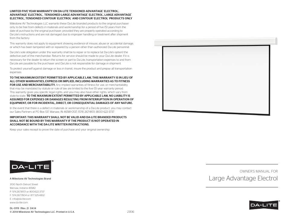 Da-Lite Large Advantage Electrol User Manual | 2 pages