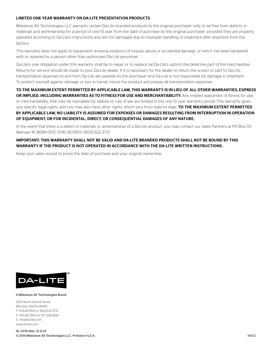Da-Lite Large Cosmopolitan Electrol User Manual | Page 12 / 12