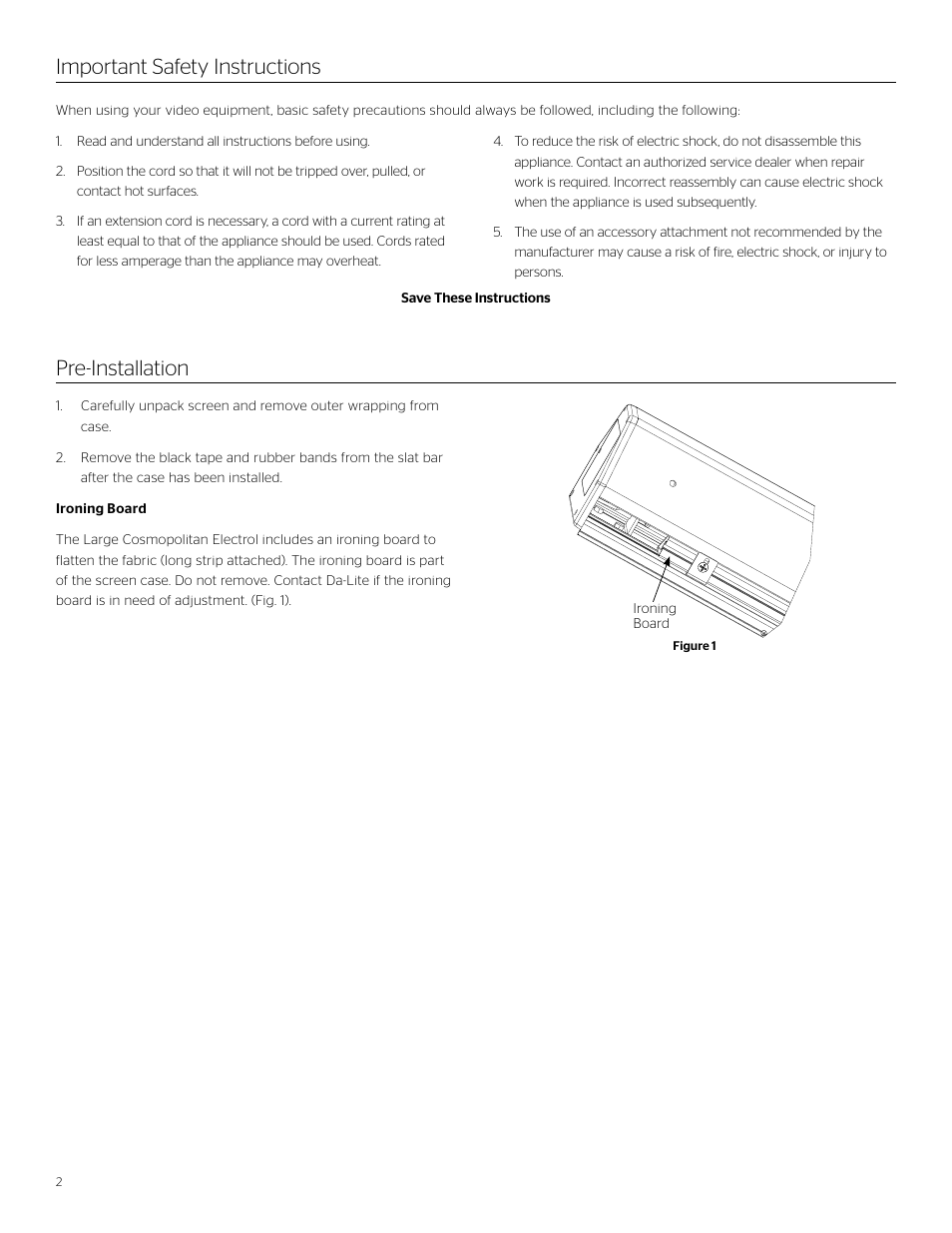 Important safety instructions, Pre-installation | Da-Lite Large Cosmopolitan Electrol User Manual | Page 2 / 12