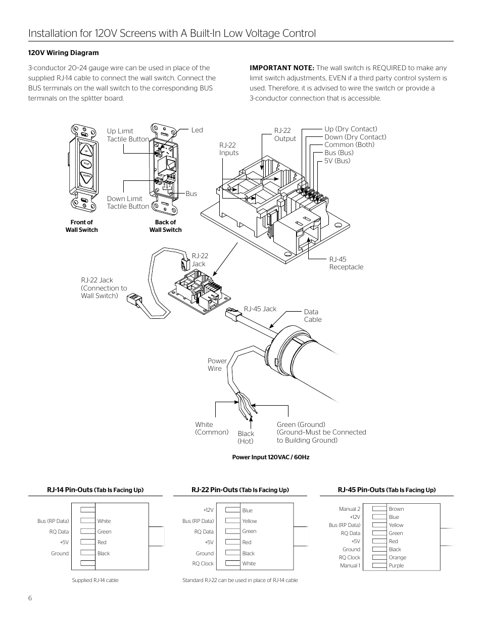 Rj-22 pin-outs, Rj-45 pin-outs | Da-Lite Large Cosmopolitan Electrol User Manual | Page 6 / 12