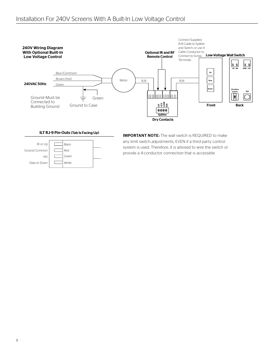 Ground to case, Ground–must be connected to building ground green, Ilt rj-9 pin-outs | Da-Lite Large Cosmopolitan Electrol User Manual | Page 8 / 12