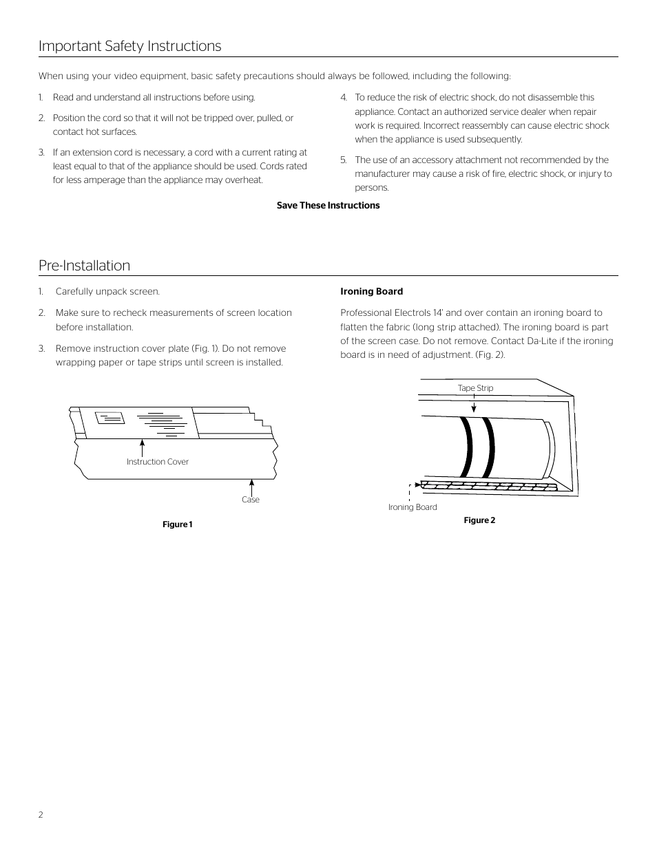 Important safety instructions, Pre-installation | Da-Lite Professional Electrol User Manual | Page 2 / 12