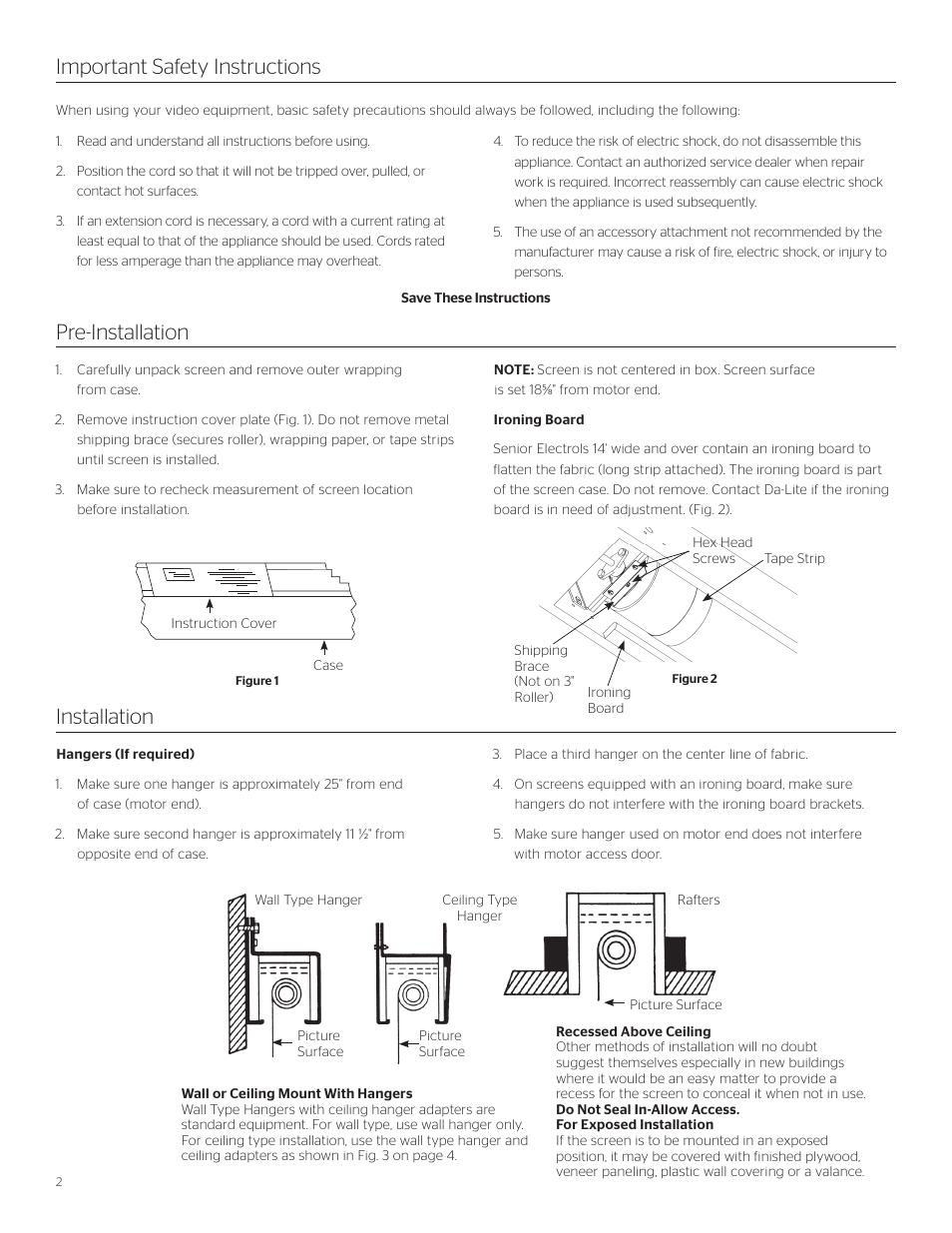 Pre-installation installation, Important safety instructions | Da-Lite Senior Electrol User Manual | Page 2 / 8
