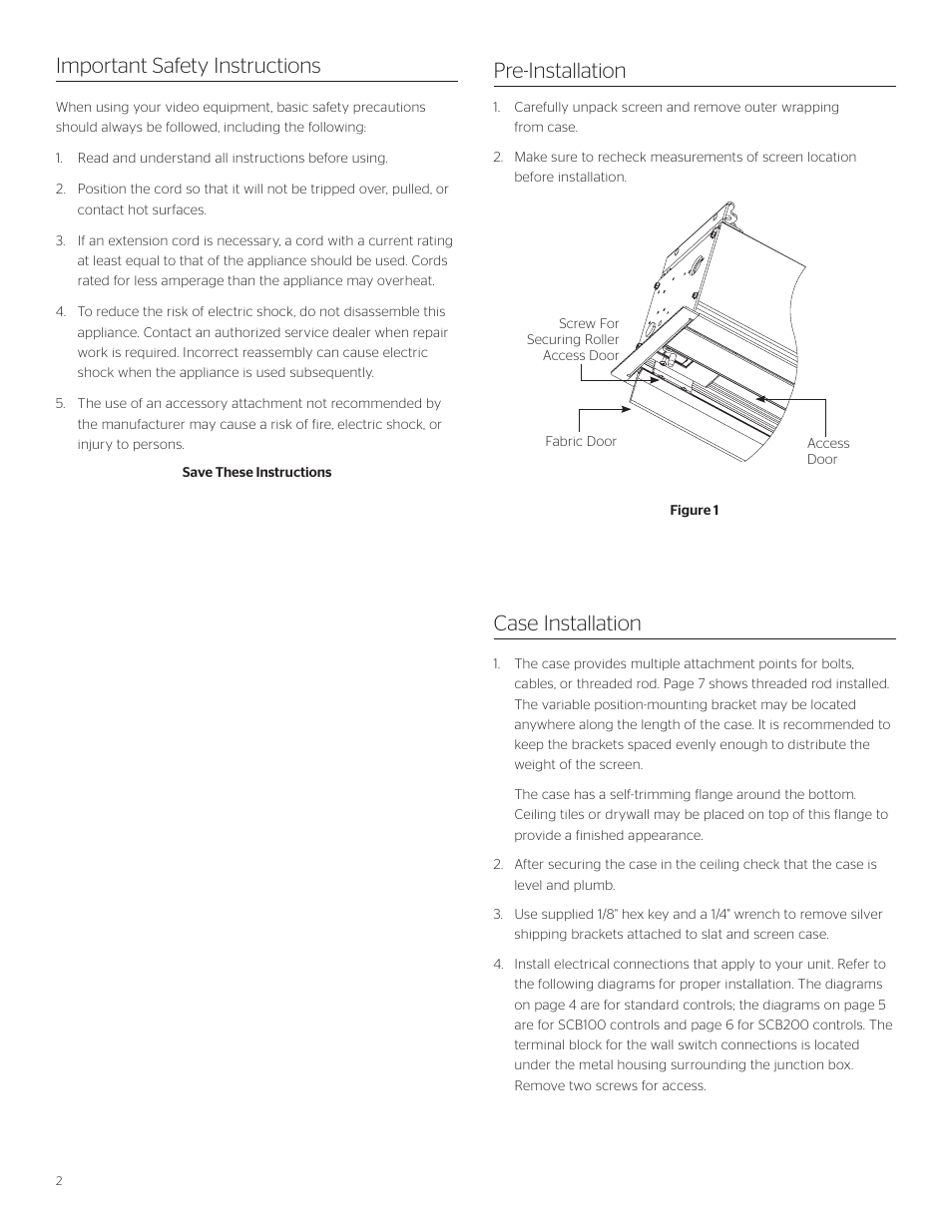 Case installation important safety instructions, Pre-installation | Da-Lite Tensioned Advantage Deluxe Electrol User Manual | Page 2 / 10