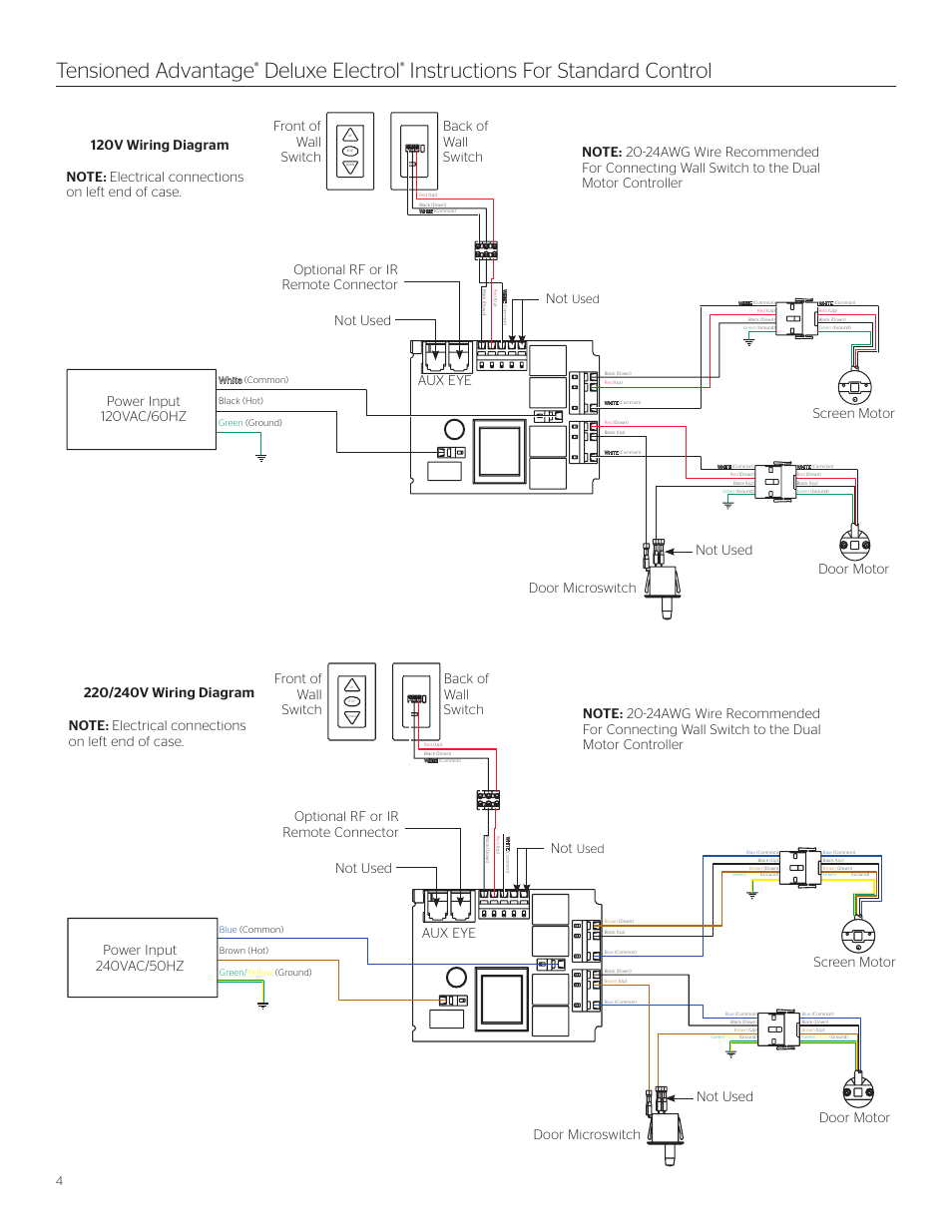 Tensioned advantage, Deluxe electrol, Instructions for standard control | Used | Da-Lite Tensioned Advantage Deluxe Electrol User Manual | Page 4 / 10