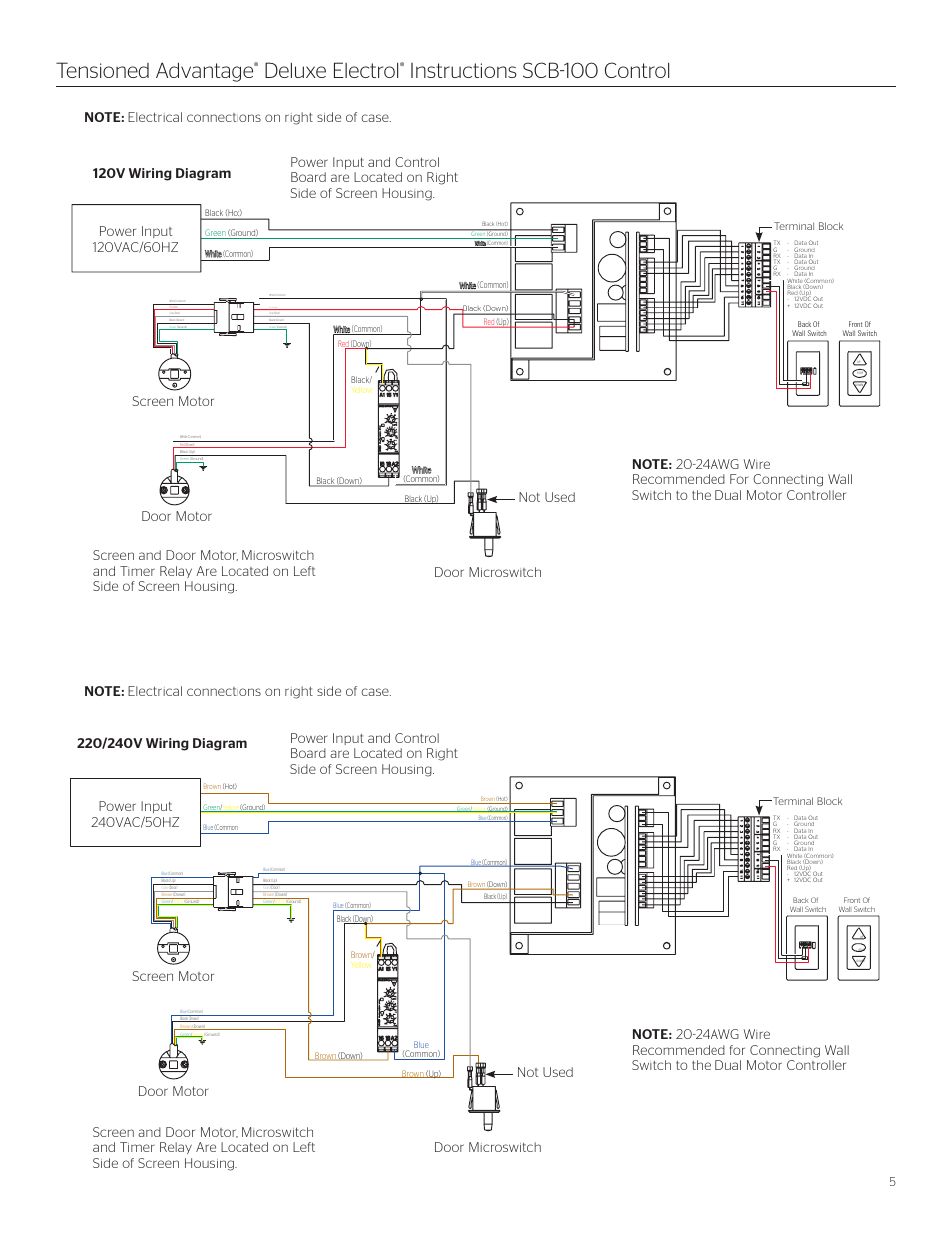 Tensioned advantage, Deluxe electrol, Instructions scb-100 control | Not used, Screen motor door motor | Da-Lite Tensioned Advantage Deluxe Electrol User Manual | Page 5 / 10