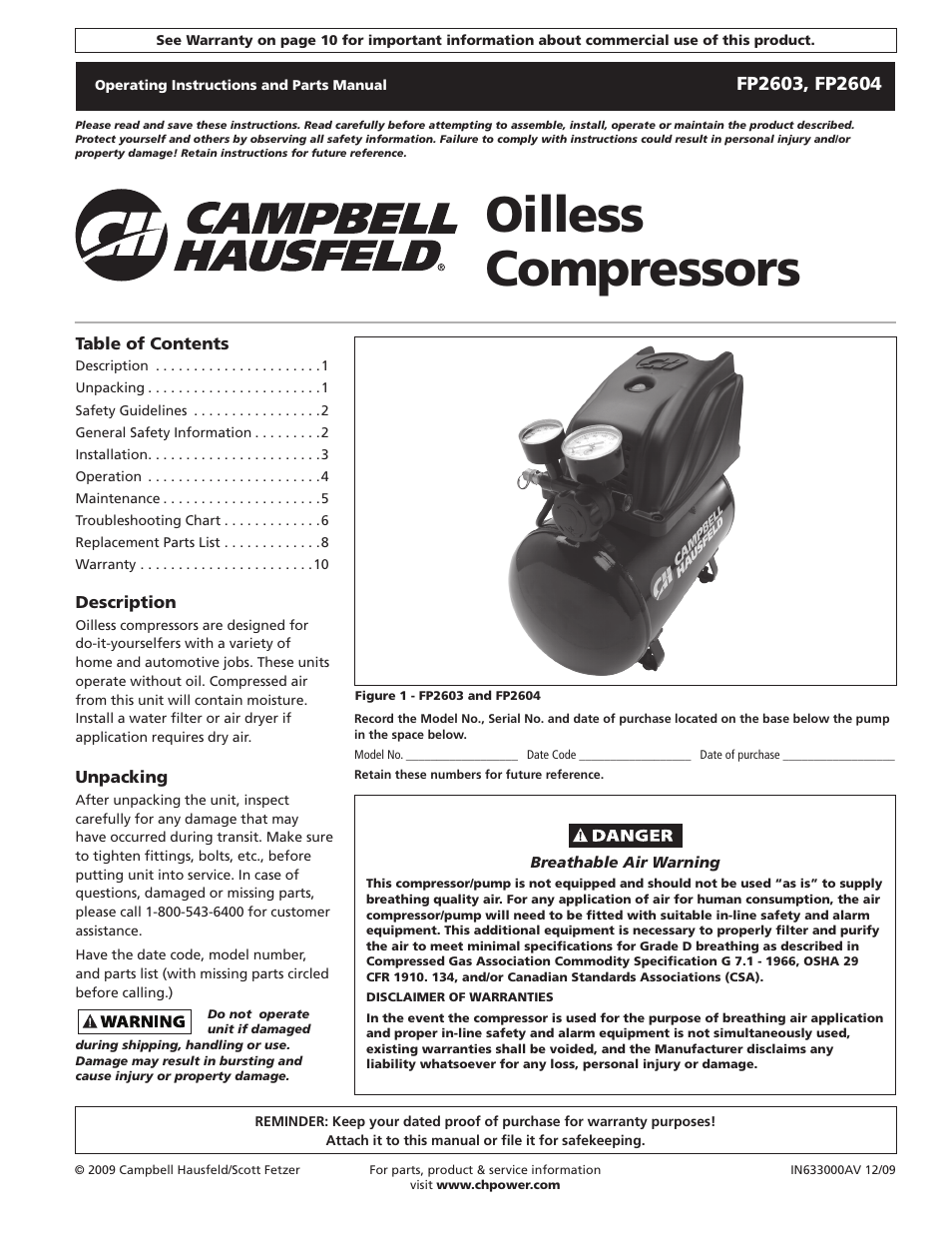 Campbell Hausfeld FP2603 User Manual | 32 pages