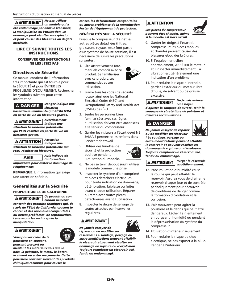 Lire et suivre toutes les instructions, Directives de sécurité, Généralités sur la sécurité | Campbell Hausfeld FP2603 User Manual | Page 12 / 32
