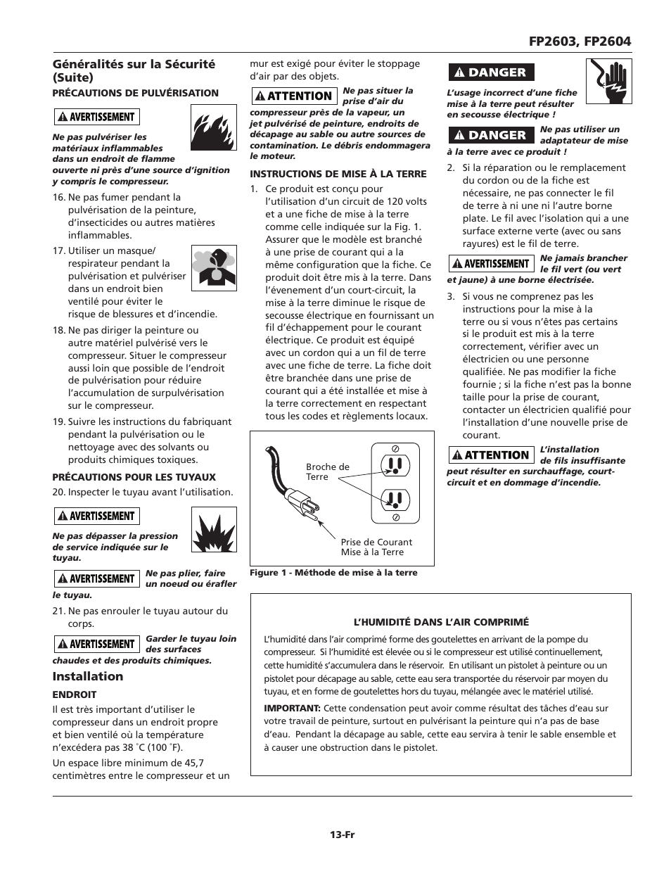 Généralités sur la sécurité (suite), Installation | Campbell Hausfeld FP2603 User Manual | Page 13 / 32