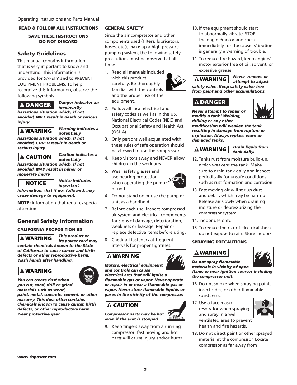 Safety guidelines, General safety information | Campbell Hausfeld FP2603 User Manual | Page 2 / 32