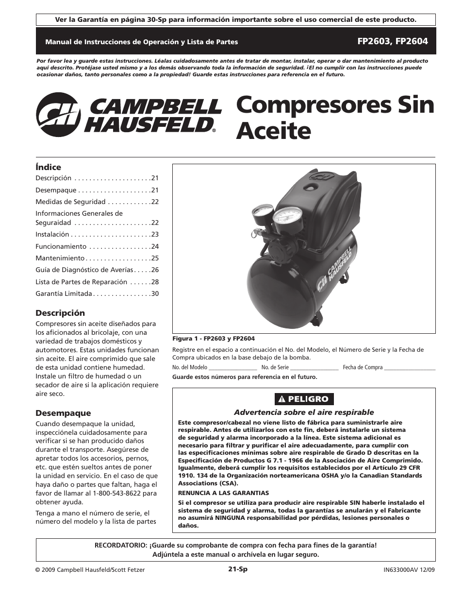 Compresores sin aceite | Campbell Hausfeld FP2603 User Manual | Page 21 / 32