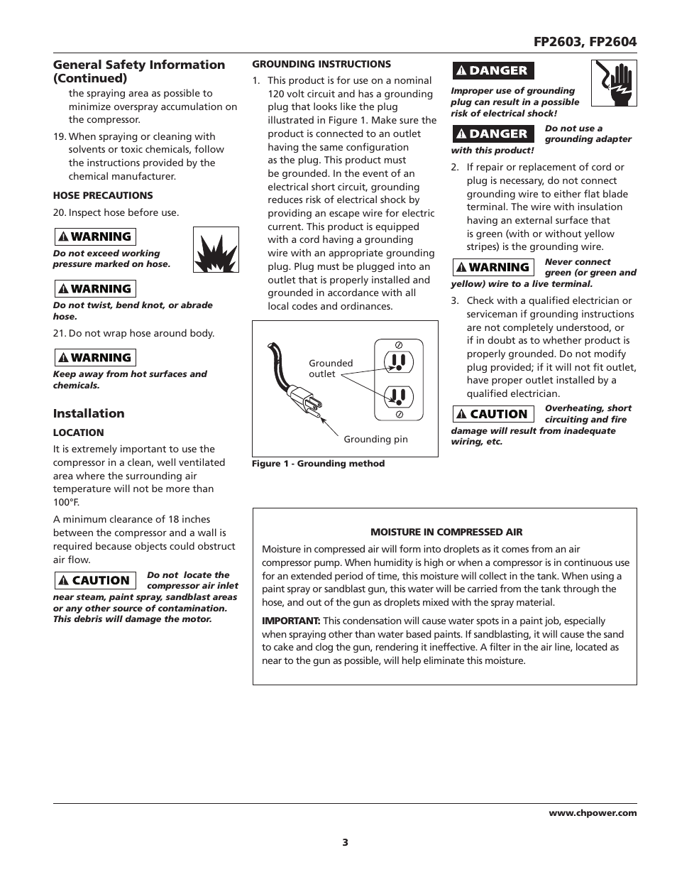 General safety information (continued), Installation | Campbell Hausfeld FP2603 User Manual | Page 3 / 32